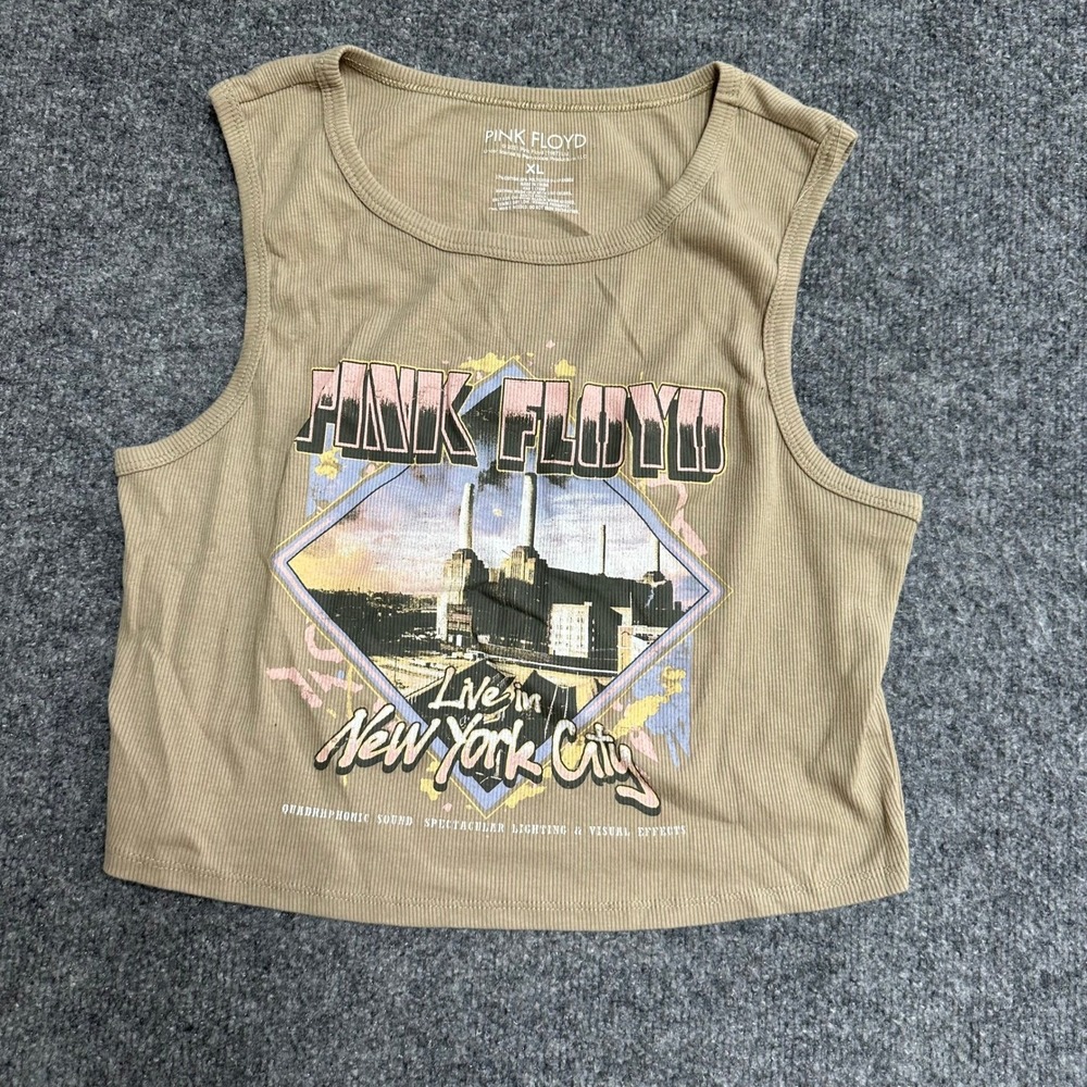 Pink Floyd Tank Top Womens XL Tan Ribbed Live In NYC Graphic Crop Sleeveless Tee